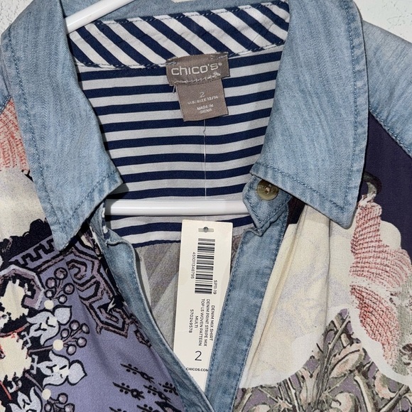 Chico's mixed-print denim long sleeve button up shirt sz 2 retro Western NEW - Picture 2 of 4